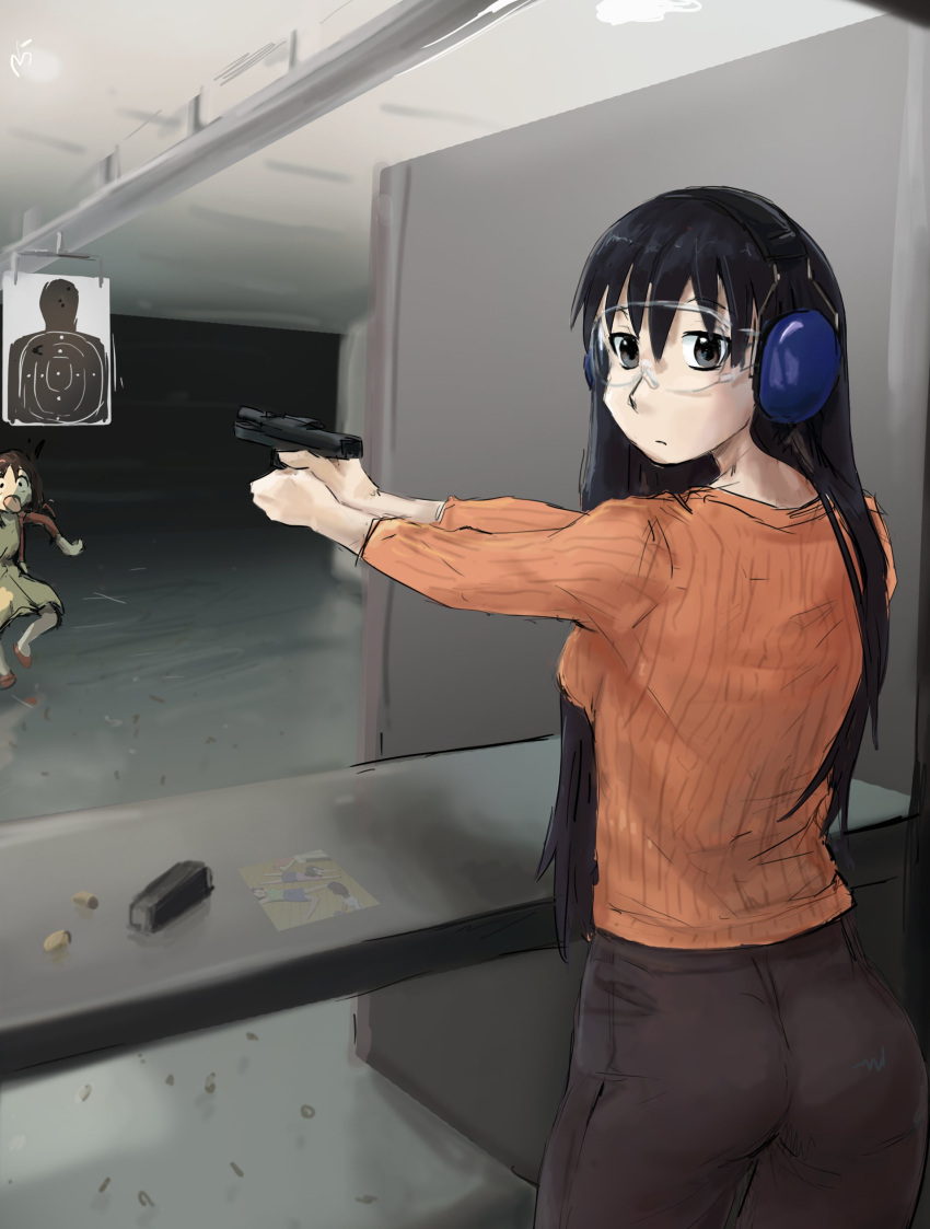 2girls absurdres ass azumanga_daioh earmuffs firing goggles gun handgun highres holding holding_gun holding_weapon kasuga_ayumu liamickpie magazine_(weapon) multiple_girls sakaki_(azumanga_daioh) shooting_gallery weapon