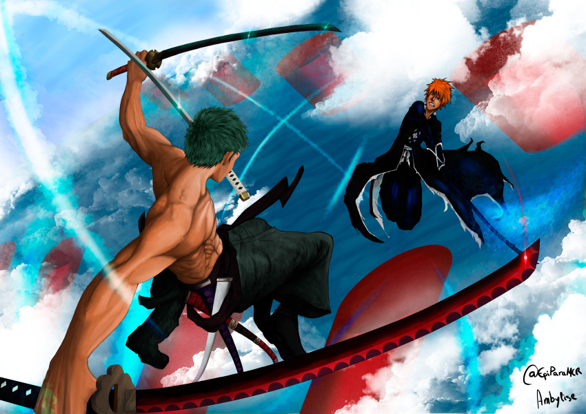 2boys abs absurdres ambylise artist_name black_footwear black_kimono bleach clenched_teeth cloud commentary_request crossover fighting full_body green_hair highres holding holding_sword holding_weapon japanese_clothes katana kimono kurosaki_ichigo male_focus mouth_hold multiple_boys one_piece orange_hair outdoors roronoa_zoro short_hair spanish_commentary sword teeth topless_male triple_wielding twitter_username weapon weapon_in_mouth