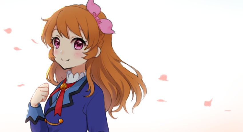 aikatsu! aikatsu!_(series) bangs blazer blue_jacket blush braid brown_hair closed_mouth commentary_request eyebrows_visible_through_hair hair_ribbon jacket long_hair long_sleeves looking_at_viewer nuno_(pppompon) oozora_akari petals pink_ribbon purple_eyes ribbon shirt smile solo white_shirt