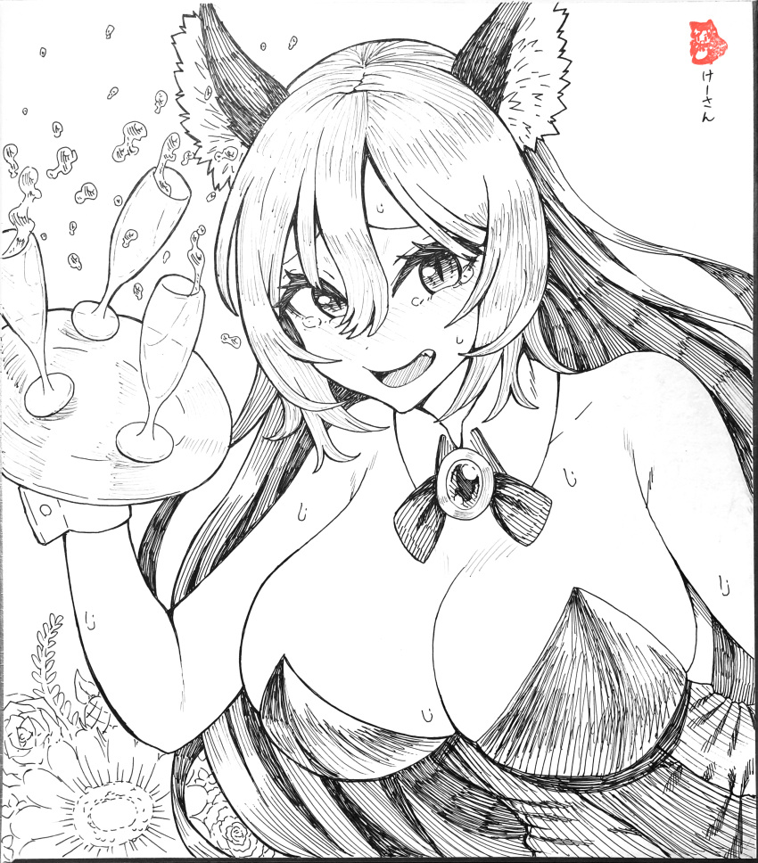 1girl absurdres animal_ear_fluff animal_ears breasts cleavage commentary_request cup detached_collar drinking_glass flower greyscale hair_between_eyes highres holding holding_tray huge_breasts imaizumi_kagerou ke-su leotard long_hair looking_at_viewer monochrome open_mouth solo sweat touhou tray upper_body wolf_ears wolf_girl wrist_cuffs