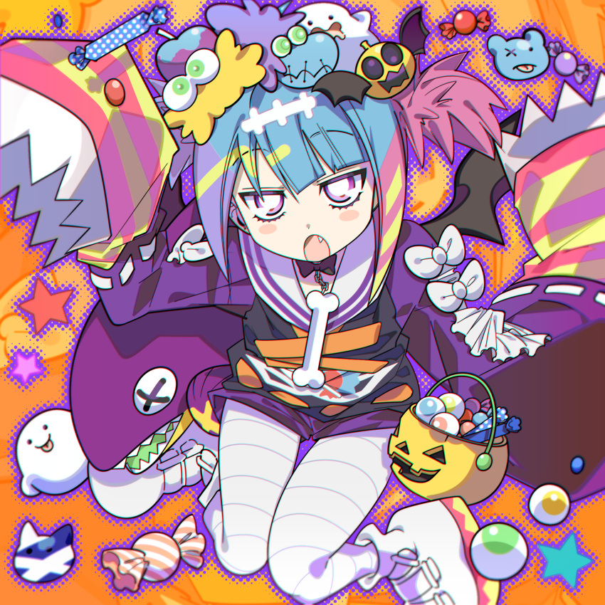 1girl blue_hair blush_stickers bow candy cartoon_bone duel_monster fang food from_above halloween halloween_bucket highres jack-o'-lantern lil-la_(yu-gi-oh!) live_twin_lil-la_treat looking_at_viewer misaka_(missa) multicolored_hair open_mouth pink_hair purple_eyes purple_hair shoes short_twintails sleeves_past_fingers sleeves_past_wrists solo twintails yu-gi-oh!