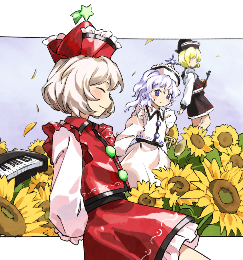 3girls black_headwear black_skirt black_vest blonde_hair blue_eyes blush brown_hair closed_mouth collared_vest flower frilled_skirt frills hat hat_ornament highres instrument kaigen_1025 keyboard_(instrument) long_hair long_sleeves lunasa_prismriver lyrica_prismriver merlin_prismriver multiple_girls petals phantasmagoria_of_flower_view purple_hair red_headwear red_skirt red_vest shirt short_hair siblings sisters skirt smile star_(symbol) star_hat_ornament sunflower touhou trumpet vest violin white_headwear white_shirt white_skirt white_vest yellow_eyes yellow_flower