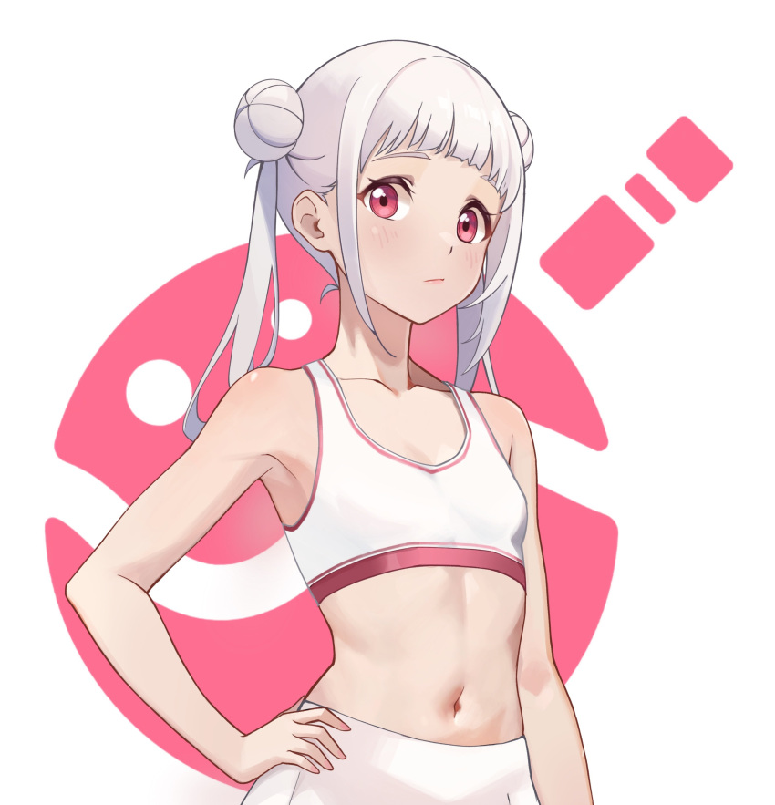 1girl absurdres arashi_chisato blunt_bangs breasts closed_mouth collarbone double_bun hair_bun hand_on_own_hip highres long_hair looking_at_viewer love_live! love_live!_superstar!! midriff navel red_eyes small_breasts solo sports_bra twintails upper_body white_hair white_sports_bra zbk_nashi