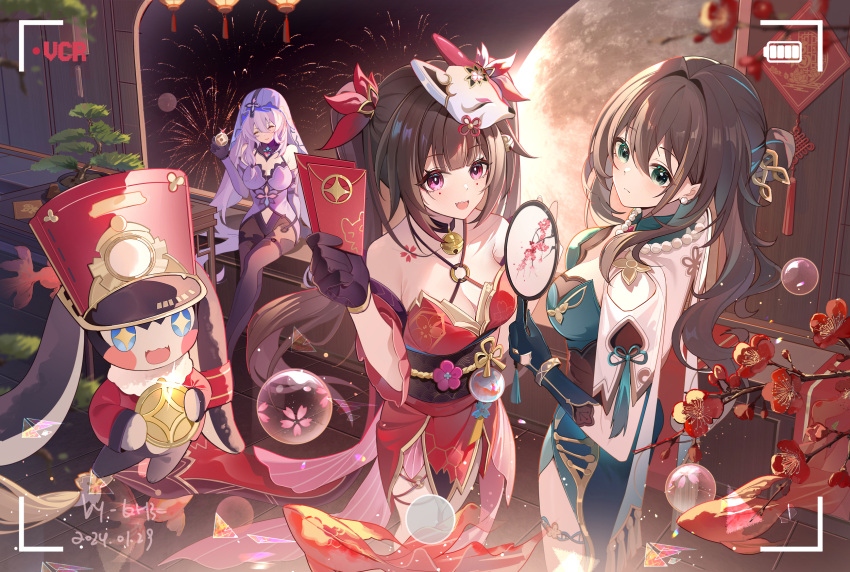 +_+ 3girls ^_^ aqua_dress bare_shoulders black_choker black_gloves black_hair black_sash black_swan_(honkai:_star_rail) blue_gloves breasts choker cleavage closed_eyes commentary_request detached_sleeves dress elbow_gloves fox_mask gloves highres holding honkai:_star_rail honkai_(series) large_breasts mask mask_on_head miaogujun multiple_girls obi pantyhose pom-pom_(honkai:_star_rail) purple_dress purple_eyes purple_hair rabbit red_dress ruan_mei_(honkai:_star_rail) sash short_sleeves sitting sparkle_(honkai:_star_rail) standing veil