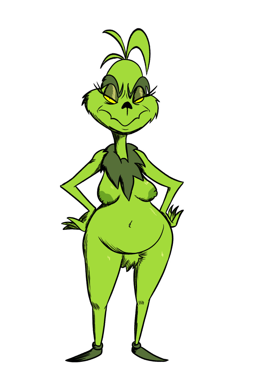 2023 big_pubes breasts clothing crossgender dr._seuss female footwear footwear_only front_view full-length_portrait fur green_body green_fur green_nipples grinch hands_on_hips hi_res how_the_grinch_stole_christmas! humanoid impstripe mammal mostly_nude mtf_crossgender nipples portrait pubes shoes shoes_only simple_background solo white_background wide_hips