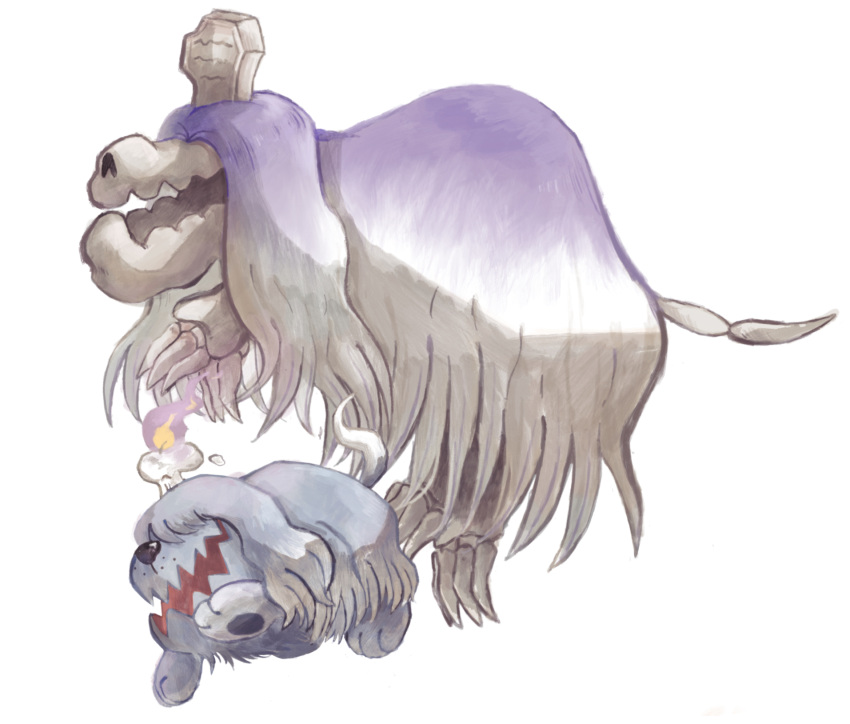 animal_focus bone candle commentary covered_eyes dog e_(pixiv_50139128) evolutionary_line fire from_side full_body gradient_hair greavard grey_hair hair_over_eyes highres houndstone long_hair multicolored_hair no_humans object_on_head open_mouth pawpads pokemon pokemon_(creature) purple_fire purple_hair sidelocks tombstone two-tone_hair white_hair