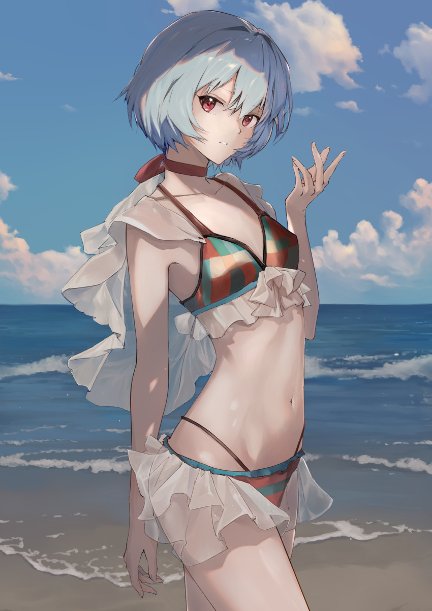 1girl absurdres arm_at_side ayanami_rei beach bikini blue_hair blue_sky choker cloud cloudy_sky commentary_request cowboy_shot day expressionless flat_chest frilled_bikini frills hand_up highres kissshotmagia looking_at_viewer neon_genesis_evangelion ocean outdoors parted_lips red_choker red_eyes sand shore short_hair sky solo standing swimsuit