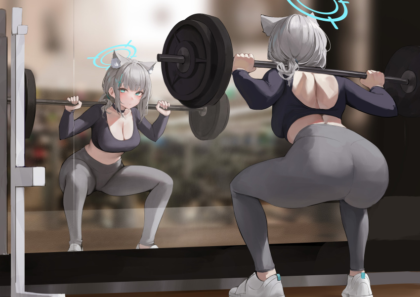 1girl absurdres animal_ear_fluff animal_ears ass back_cutout blue_archive blue_eyes breasts cleavage clothing_cutout crop_top cross_hair_ornament exercise extra_ears full-length_mirror grey_hair gym hair_ornament halo highres indoors leggings leviathan_(hikinito0902) long_sleeves median_furrow pants shiroko_(blue_archive) shoulder_blades solo squatting training weightlifting white_footwear wolf_ears workout_clothes yoga_pants