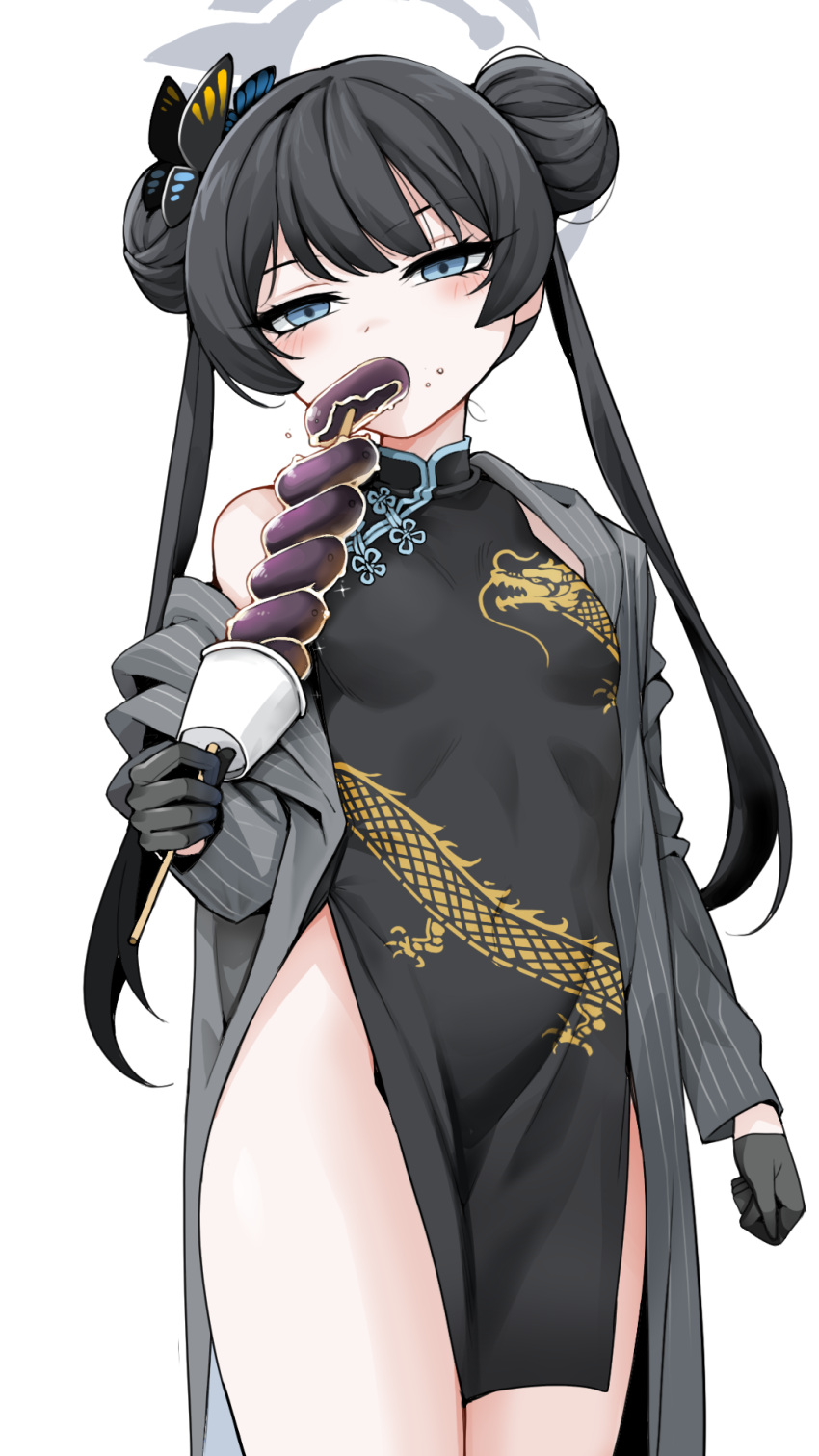 1girl black_dress black_gloves black_hair blue_archive blue_eyes blush breasts butterfly_hair_ornament china_dress chinese_clothes coat cowboy_shot double_bun dragon_print dress eating food freedom_(aass5404) gloves grey_coat grey_halo hair_bun hair_ornament halo highres holding holding_food kisaki_(blue_archive) long_hair long_sleeves small_breasts solo striped_clothes striped_coat thighs twintails vertical-striped_clothes vertical-striped_coat