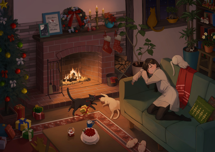 1girl animal animal_slippers asuka_gin black_hair box cake candle candlestand cat cat_slippers christmas christmas_ornaments christmas_stocking christmas_tree christmas_wreath closed_eyes couch cup dress fire fireplace food full_body gift gift_box highres hot_chocolate long_hair long_sleeves lying mug original pantyhose picture_frame pillow plant potted_plant rug shelf sleeping slippers smile snow_globe solo sweater sweater_dress table tree unworn_slippers wreath