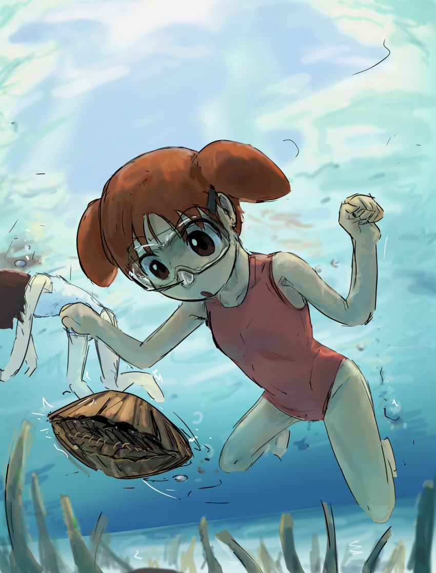 absurdres azumanga_daioh clam goggles goggles_on_head highres in_water kasuga_ayumu liamickpie looking_at_object mihama_chiyo school_swimsuit swimming swimsuit underwater water