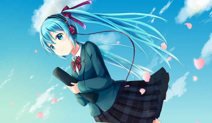 1girl abc_cherry blazer blue_eyes blue_hair blush bow bowtie cable collared_shirt day diploma falling_petals graduation hair_ribbon hatsune_miku headphones highres holding jacket long_hair long_sleeves outdoors petals plaid plaid_skirt pleated_skirt ribbon school_uniform shirt skirt sky smile solo striped_bow striped_bowtie striped_clothes twintails very_long_hair vocaloid