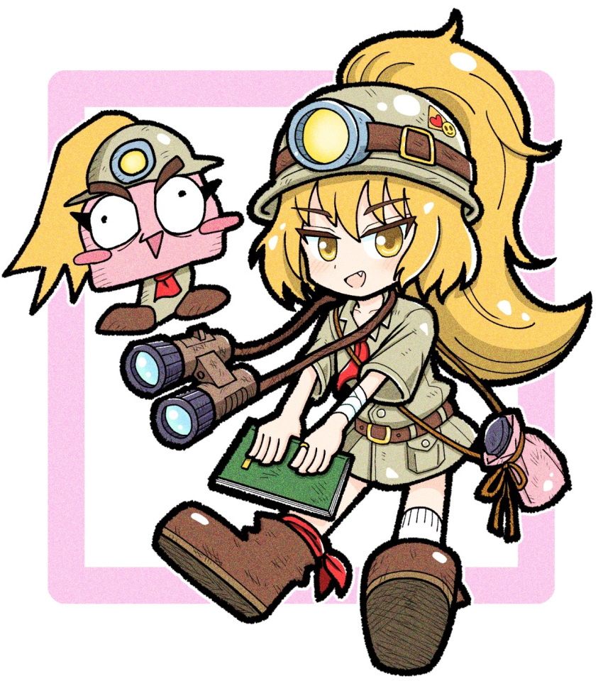 2girls :d ankle_ribbon bandages belt binoculars blonde_hair blush book brown_footwear brown_shirt creature_and_personification goombella helmet highres holding holding_book jewelry leg_ribbon long_hair mario_(series) multiple_girls nuudayo_nuudayo open_mouth paper_mario paper_mario:_the_thousand_year_door personification pocket ponytail pouch red_ribbon ribbon ring shirt short_sleeves simple_background smile socks sticker white_socks yellow_eyes