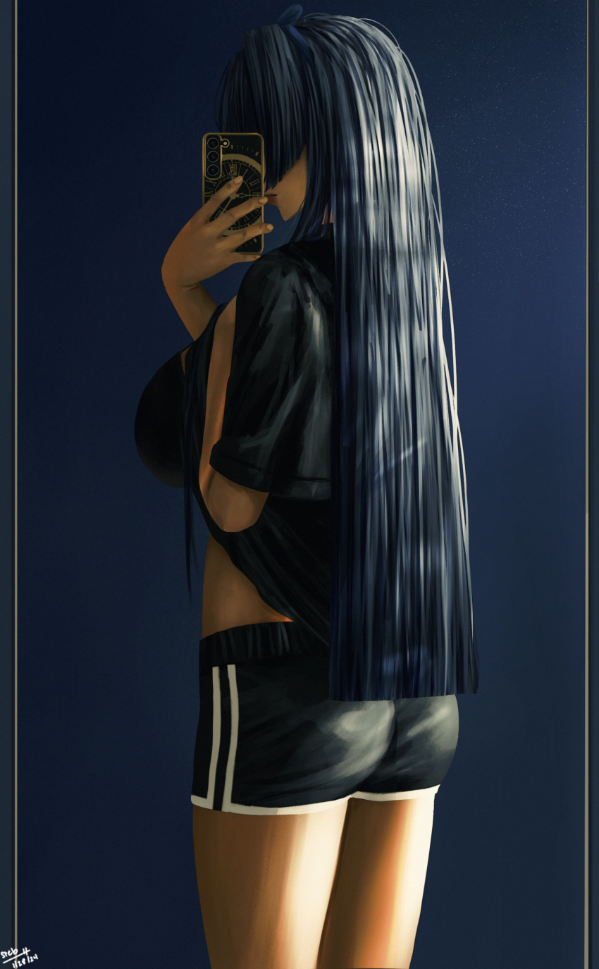 1girl absurdres alternate_costume ass black_hair black_pajamas black_shirt black_shorts blue_background blue_eyes bow breasts cellphone clock_print hair_bow highres holding holding_phone holocouncil hololive hololive_english large_breasts legs_together long_hair looking_back navel ouro_kronii pajamas phone print_shirt selfie shirt short_shorts shorts standing steb t-shirt virtual_youtuber