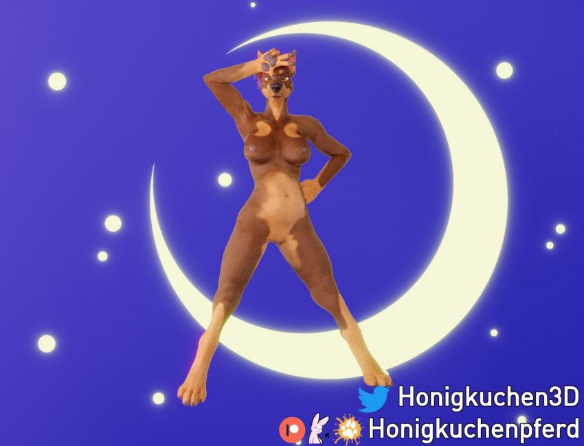 3d_(artwork) anthro belly breasts canid digital_media_(artwork) dobermann_(untied_verbeger) female genitals hair hi_res honigkuchenpferd mammal moon navel nude paws pose prick_ears pussy red_hair simple_background solo star