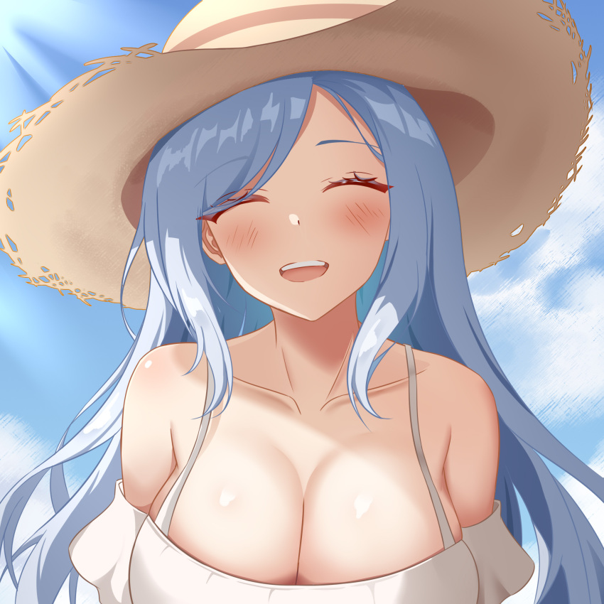 1girl :d ^_^ bare_shoulders blue_hair blue_sky blush breasts bu_weizhuang cleavage closed_eyes cloud collarbone commentary_request day dress facing_viewer genshin_impact hat highres large_breasts long_hair off-shoulder_dress off_shoulder open_mouth shenhe_(genshin_impact) short_sleeves sky smile solo sun_hat upper_body very_long_hair white_dress