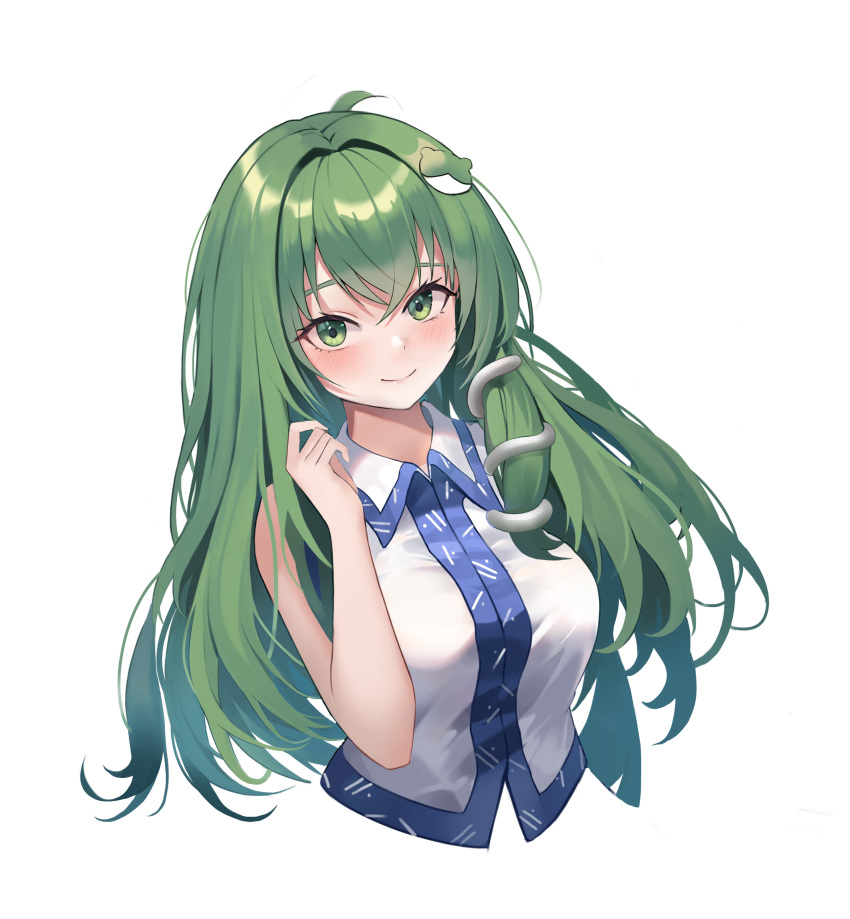 1girl absurdres blush breasts closed_mouth collared_shirt commentary cropped_torso dobostorte frog_hair_ornament green_eyes green_hair hair_ornament hand_up highres kochiya_sanae large_breasts long_hair looking_at_viewer shirt simple_background single_hair_tube single_sidelock sleeveless sleeveless_shirt smile snake_hair_ornament solo touhou upper_body white_background white_shirt