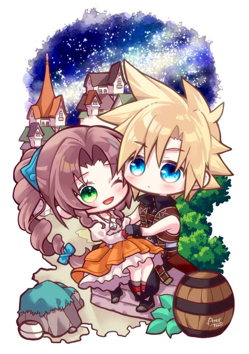 1boy 1girl aerith_gainsborough aerith_gainsborough_(garnet's_gown) aqua_ribbon arestear0701 artist_name barrel black_footwear black_gloves black_pants black_vest blonde_hair blue_eyes blush boots border braid braided_ponytail breasts brown_hair building chibi cloud_strife cloud_strife_(zidane's_outfit) cosplay crystal dress final_fantasy final_fantasy_ix final_fantasy_vii final_fantasy_vii_ever_crisis final_fantasy_vii_remake frilled_dress frills full_body garnet_til_alexandros_xvii garnet_til_alexandros_xvii_(cosplay) gloves green_eyes hair_between_eyes hair_ribbon hair_tie highres holding_hands jewelry juliet_sleeves long_hair long_sleeves medium_breasts night night_sky official_alternate_costume one_eye_closed open_mouth orange_dress outdoors pants parted_bangs pendant puffy_sleeves red_footwear ribbon sheath shirt short_hair sidelocks single_braid sky smile spiked_hair star_(sky) starry_sky town vest wavy_hair white_border white_shirt zidane_tribal zidane_tribal_(cosplay)