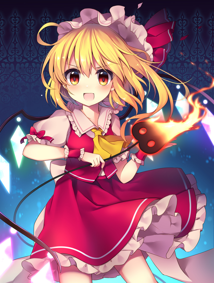 :d ascot blonde_hair commentary_request cowboy_shot eyebrows_visible_through_hair fire flandre_scarlet frilled_shirt_collar frills hat hat_ribbon highres holding laevatein looking_at_viewer mob_cap open_mouth petticoat puffy_short_sleeves puffy_sleeves red_eyes red_ribbon red_skirt ribbon ruhika short_hair short_sleeves skirt smile solo standing touhou v-shaped_eyebrows wings wrist_cuffs