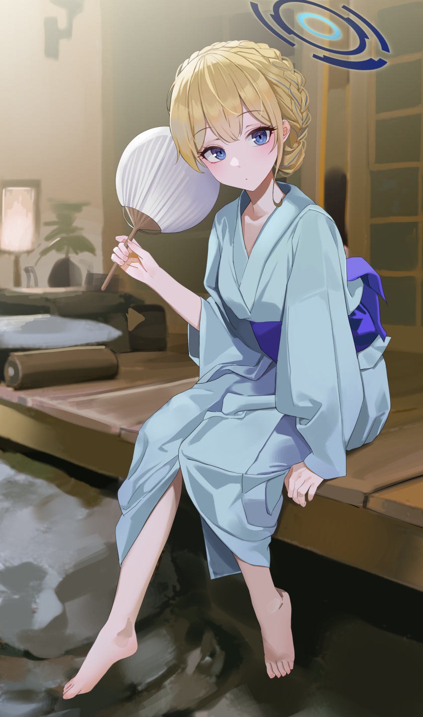1girl absurdres alternate_costume barefoot blonde_hair blue_archive blue_eyes blue_hair blue_halo blue_kimono braid closed_mouth halo hand_fan hashtag_only_commentary highres holding holding_fan japanese_clothes kimono long_sleeves looking_at_viewer multicolored_hair obi paper_fan sash short_hair sitting solo streaked_hair toes toki_(blue_archive) uchiwa veranda wide_sleeves xu_wen_(bbb2822828)