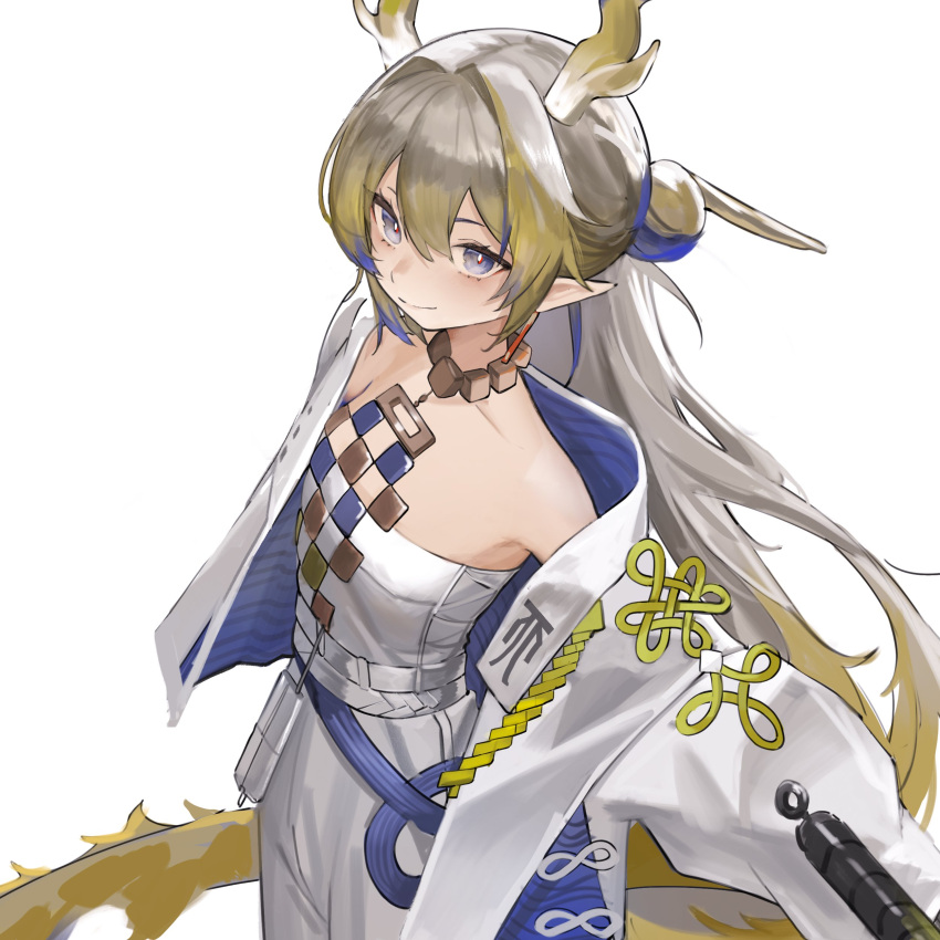 1girl absurdres arknights bare_shoulders blonde_hair blue_eyes blue_hair choker cowboy_shot grey_hair hair_bun highres horns jacket jewelry long_hair looking_at_viewer multicolored_hair necklace off_shoulder open_clothes open_jacket pants roupo99 shu_(arknights) simple_background smile solo standing strapless streaked_hair tube_top very_long_hair white_background white_jacket white_pants