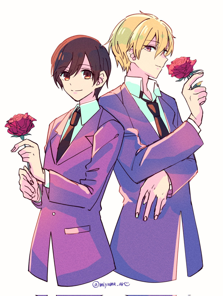 1boy 1girl androgynous artist_name black_necktie blonde_hair brown_eyes brown_hair flower fujioka_haruhi highres holding holding_flower looking_at_viewer miyama_(vsxt5238) necktie ouran_high_school_host_club ouran_high_school_uniform red_flower red_rose rose school_uniform short_hair simple_background suou_tamaki twitter_username upper_body white_background yellow_eyes