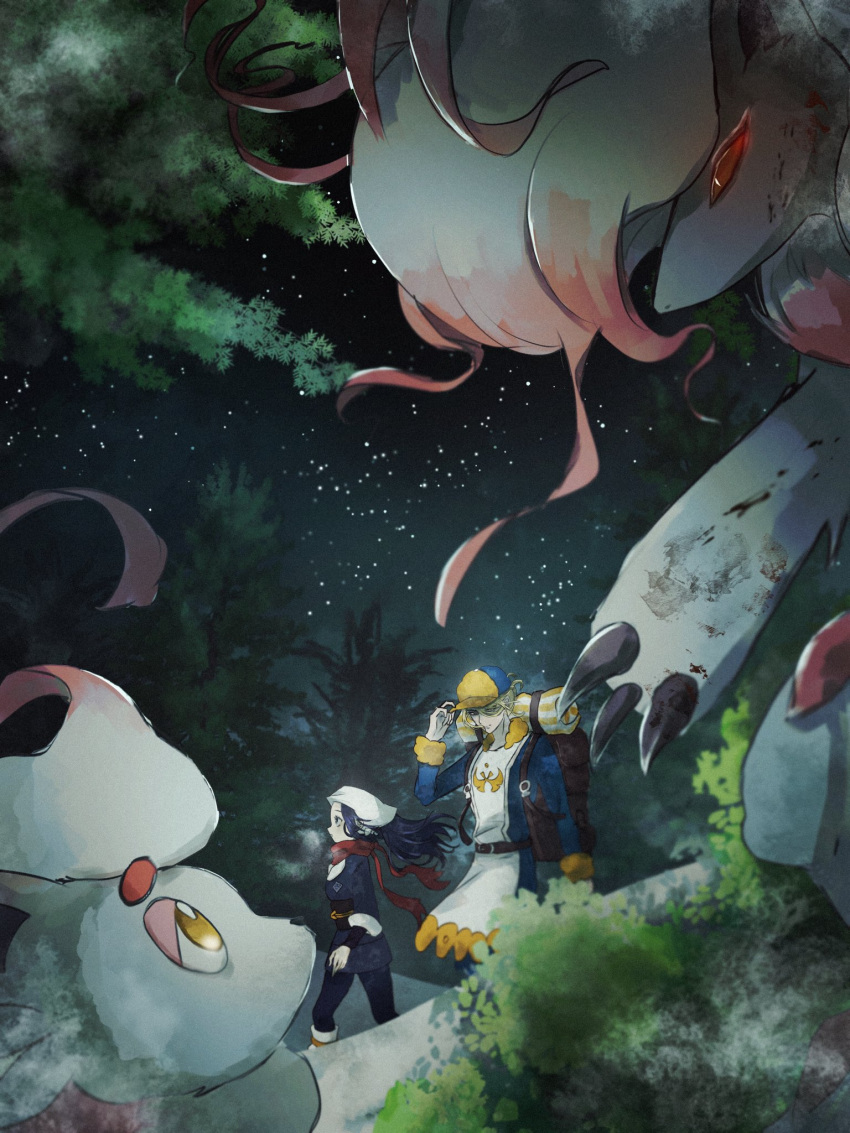 1boy 1girl akari_(pokemon) backpack bag belt blonde_hair blue_hair blurry blurry_background breath bright_pupils claws commentary_request evolutionary_line eyelashes glowing glowing_eyes grey_fur highres hisuian_zoroark hisuian_zorua kari_nkori_n long_hair night night_sky pokemon pokemon_(creature) pokemon_legends:_arceus red_eyes red_scarf scarf sky star_(sky) tree volo_(pokemon) walking white_headwear white_pupils yellow_eyes