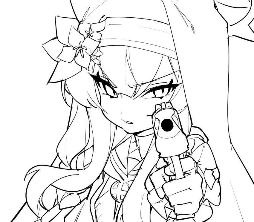 1girl angry animal_ear_headwear blue_archive coif desert_eagle flower frilled_sleeves frills greyscale gun habit halo handgun hat hat_flower highres holding holding_gun holding_weapon honi_(honi1010) long_hair long_sleeves looking_at_viewer mari_(blue_archive) monochrome neckerchief nun open_mouth sailor_collar simple_background solo upper_body weapon white_background