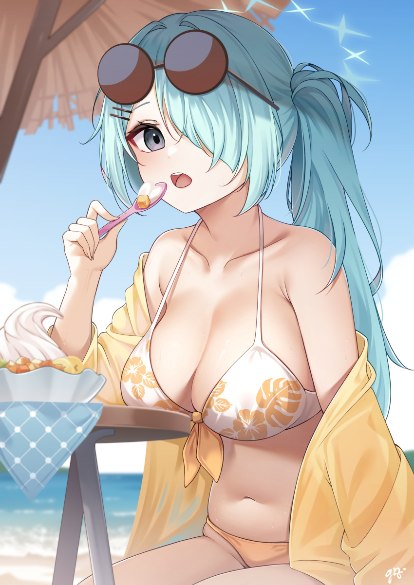 1girl absurdres beach bikini blue_archive blush breasts cleavage collarbone day eyewear_on_head food green_eyes green_hair green_halo groin guri_(gri1211) hair_over_one_eye halo highres hiyori_(blue_archive) hiyori_(swimsuit)_(blue_archive) holding holding_spoon ice_cream jacket large_breasts long_hair long_sleeves looking_at_viewer navel ocean official_alternate_costume open_clothes open_jacket open_mouth outdoors parasol round_eyewear side_ponytail signature solo spoon sunglasses swimsuit teeth umbrella upper_teeth_only yellow_jacket