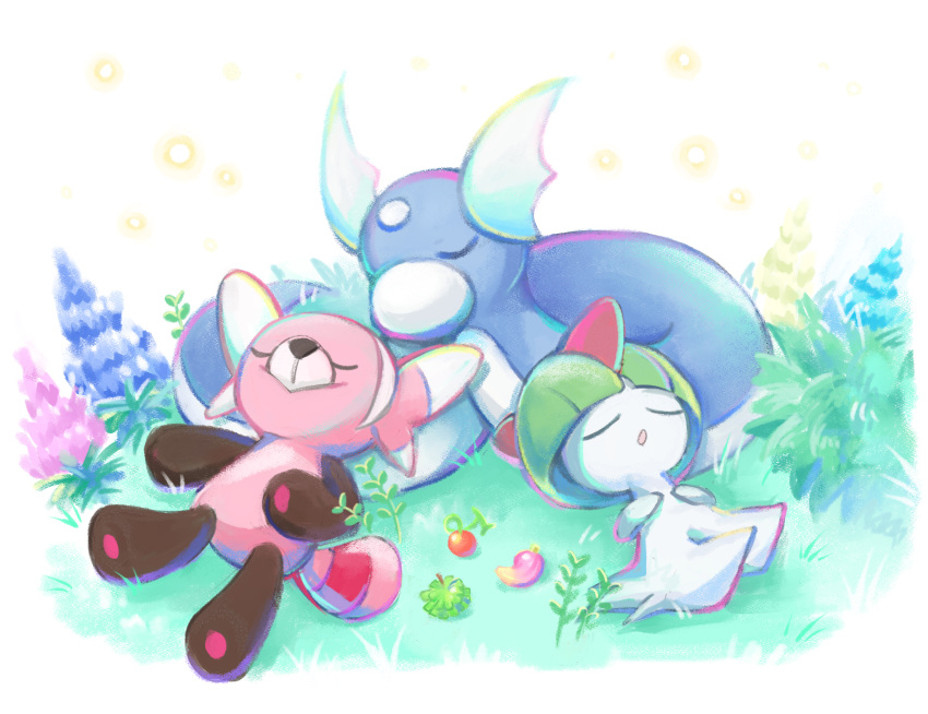 blue_skin cheri_berry closed_eyes colored_skin commentary_request dratini forehead_jewel green_hair head_wings highres lying ms_misubaru_mk2 on_back on_grass open_mouth pokemon pokemon_(creature) ralts sleeping smile snake stuffed_animal stuffed_toy stufful tail teddy_bear white_background white_skin wings