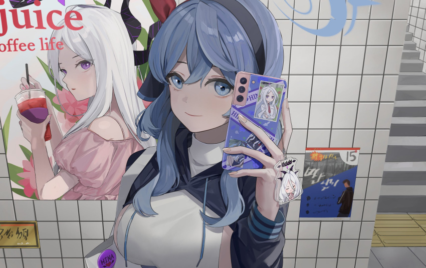 1girl ako_(blue_archive) alternate_costume badge bag black_hairband blue_archive blue_eyes blue_hair breasts button_badge cellphone cellphone_charm charm_(object) cjsdh1000 closed_mouth cup hair_between_eyes hairband halo highres hina_(blue_archive) holding holding_phone hood hood_down horns long_sleeves phone poster_(object) purple_eyes smartphone solo stairs upper_body white_hair