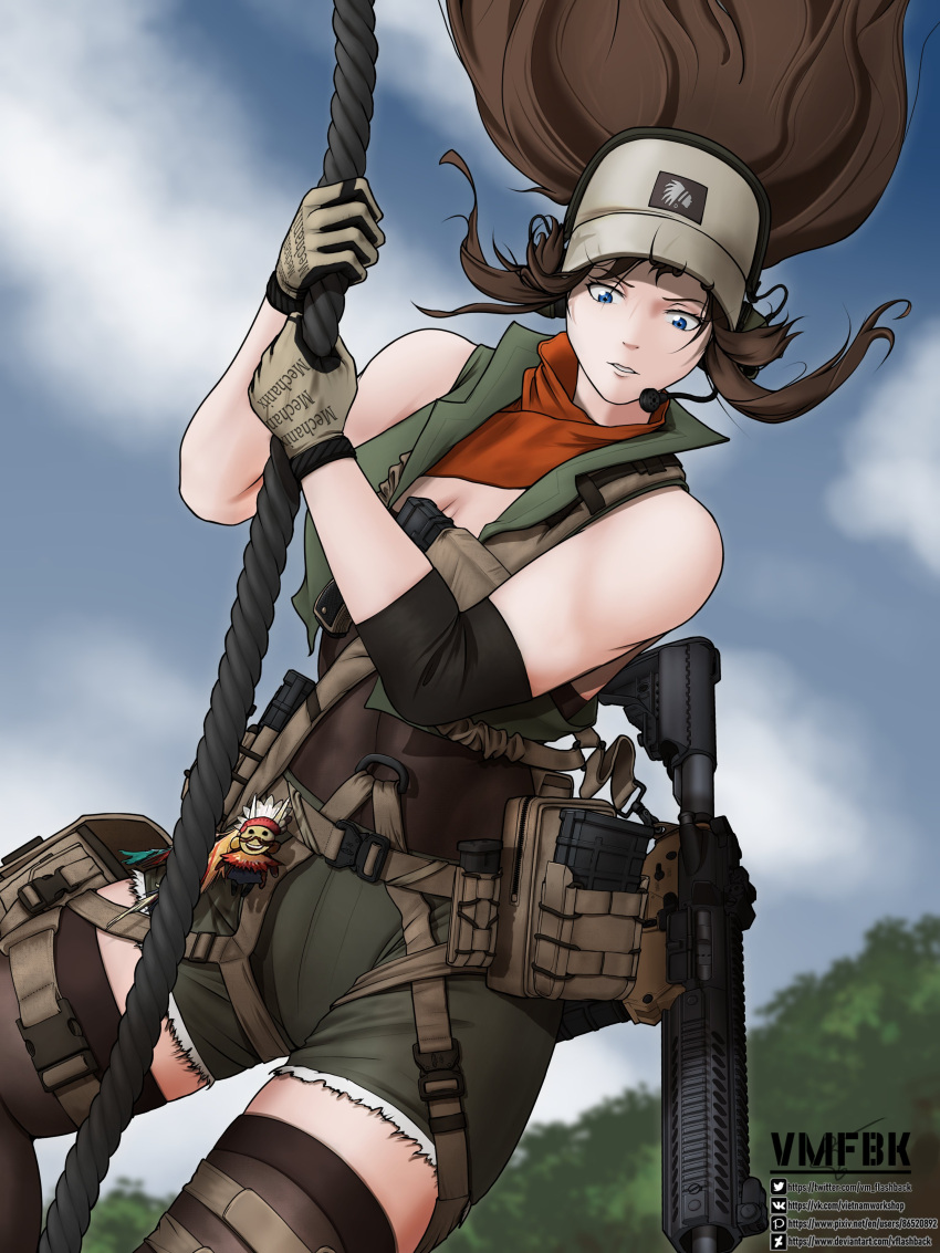 1girl absurdres artist_name ascot assault_rifle baseball_cap blue_eyes brown_hair cm901_(girls'_frontline) colt_cm901 cowboy_shot english_commentary floating_hair girls'_frontline gloves green_shorts gun hanging hat highres long_hair magazine_(weapon) mechanix_wear orange_ascot parted_lips rifle rope short_shorts shorts solo vm_flashback weapon