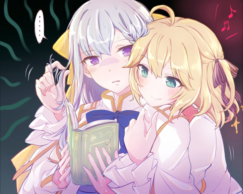 ... 2girls anisphia_wynn_palettia beamed_eighth_notes black_ribbon blonde_hair blue_ribbon blush book closed_mouth commentary_request dress eighth_note euphyllia_magenta green_eyes grey_hair hair_ribbon hand_in_another's_hair highres holding holding_book hug hug_from_behind long_hair medium_hair motion_lines multiple_girls musical_note parted_lips purple_eyes qqwan120 ribbon smile spoken_ellipsis sweatdrop tensei_oujo_to_tensai_reijou_no_mahou_kakumei upper_body white_dress yellow_ribbon yuri