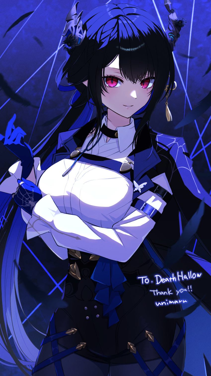 1girl absurdres asymmetrical_horns black_hair black_shorts blue_gloves blue_hair breasts colored_inner_hair commission cosplay demon_horns feathers gloves hair_between_eyes high-waist_shorts highres hololive hololive_english horns jacket kafka_(honkai:_star_rail) kafka_(honkai:_star_rail)_(cosplay) large_breasts long_hair long_sleeves looking_at_viewer low_ponytail mole mole_under_eye multicolored_hair nerissa_ravencroft red_eyes second-party_source shirt shorts smile solo thread two-tone_hair uneven_horns uni_(maru231) very_long_hair virtual_youtuber white_shirt