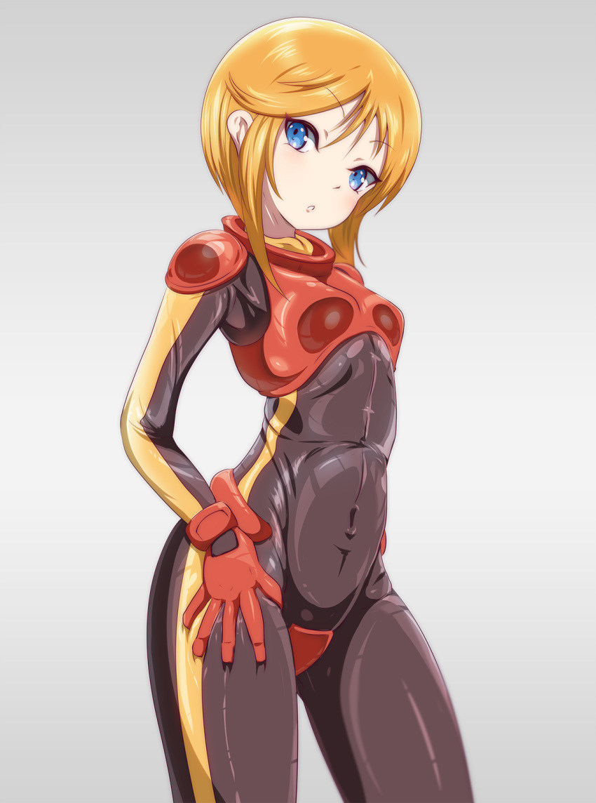 black_bodysuit blue_eyes blush bodysuit breasts commentary_request covered_navel cowboy_shot danpu deep_skin eyebrows_visible_through_hair gundam gundam_zz hair_between_eyes hand_on_own_thigh highres looking_at_viewer orange_hair parted_lips pilot_suit puru_two shiny shiny_clothes shiny_hair shiny_skin short_hair simple_background skin_tight small_breasts solo standing