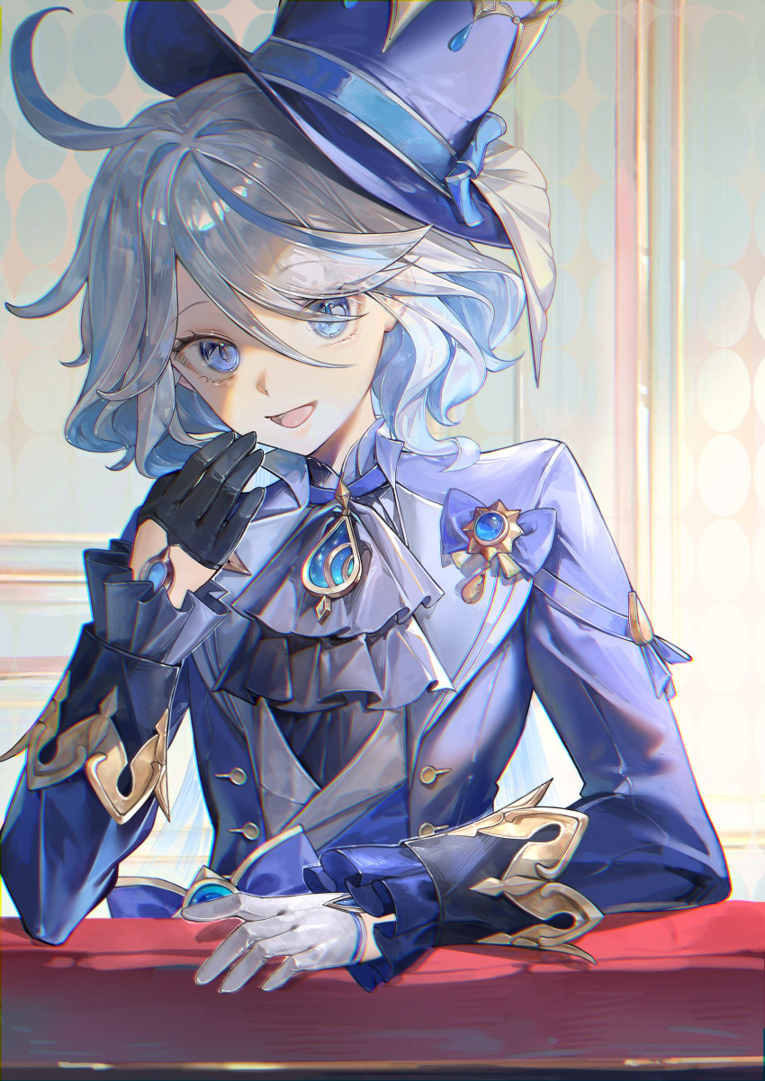 1girl absurdres arrrrrry1 ascot asymmetrical_gloves black_ascot black_gloves blue_bow blue_brooch blue_coat blue_eyes blue_gemstone blue_hair blue_headwear blue_jacket bow coat colored_inner_hair cowlick doyagao drop-shaped_pupils furina_(genshin_impact) gem genshin_impact gloves grey_background grey_hair hair_between_eyes half_gloves hand_on_own_face hat hat_bow heterochromia highres jacket kodona light_blue_hair lolita_fashion long_hair looking_at_viewer mismatched_gloves mismatched_pupils multicolored_hair open_mouth smile smug solo streaked_hair symbol-shaped_pupils top_hat upper_body wavy_hair