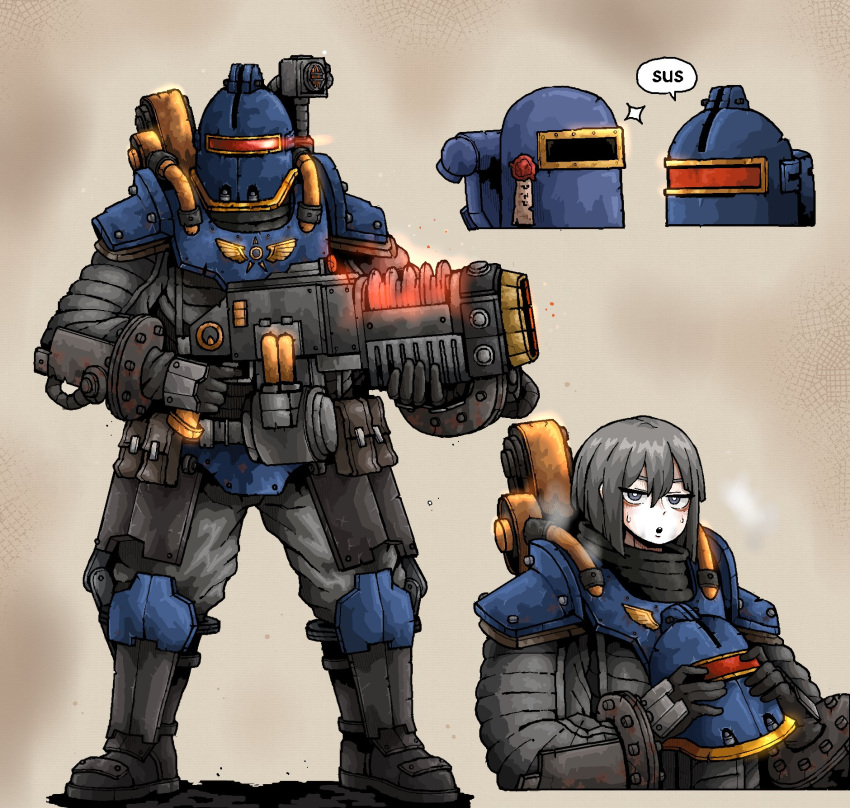 1girl among_us armor astra_militarum energy_gun grey_eyes grey_hair heavy_breathing helmet highres holding holding_helmet looking_at_viewer octosoup over_shoulder plasma_rifle power_armor purity_seal solar_auxillia solo sweat warhammer_40k weapon weapon_over_shoulder