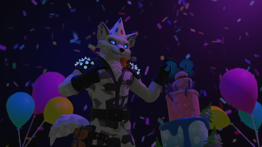 anthro arctic_fox balloon birthday cake canid canine confetti dessert epic_games food fortnite fox fur hi_res inflatable male mammal party solo stryx volpez_(fortnite) white_body white_fur