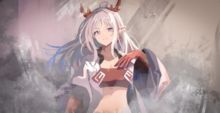 1girl :| absurdres arknights bandeau blue_eyes closed_mouth colored_skin daapie dragon_girl dragon_horns earrings expressionless hair_intakes highres horns japanese_clothes jewelry kimono long_hair looking_at_viewer midriff multicolored_hair nian_(arknights) open_clothes open_kimono pink_pupils pointy_ears red_bandeau red_hair red_skin red_tube_top solo strapless streaked_hair tassel tassel_earrings tube_top upper_body white_hair white_king wide_sleeves