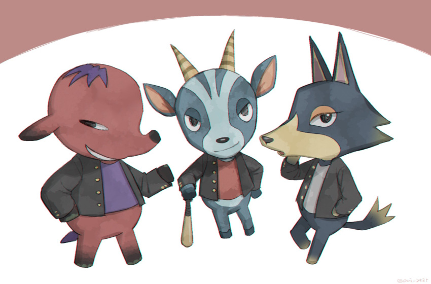 3boys animal_crossing artist_name baseball_bat black_eyes black_jacket brown_horns bruce_(animal_crossing) buttons closed_mouth commentary_request cyd_(animal_crossing) deer_boy elephant_boy furry furry_male grey_shirt grin hand_on_own_hip hand_up highres holding holding_baseball_bat horns jacket kaji_(oni_atat) long_sleeves looking_at_viewer male_focus multiple_boys open_clothes open_jacket open_mouth purple_hair purple_shirt red_background red_shirt shirt simple_background smile smirk twitter_username two-tone_background v-shaped_eyebrows white_background wolf_boy wolfgang_(animal_crossing)