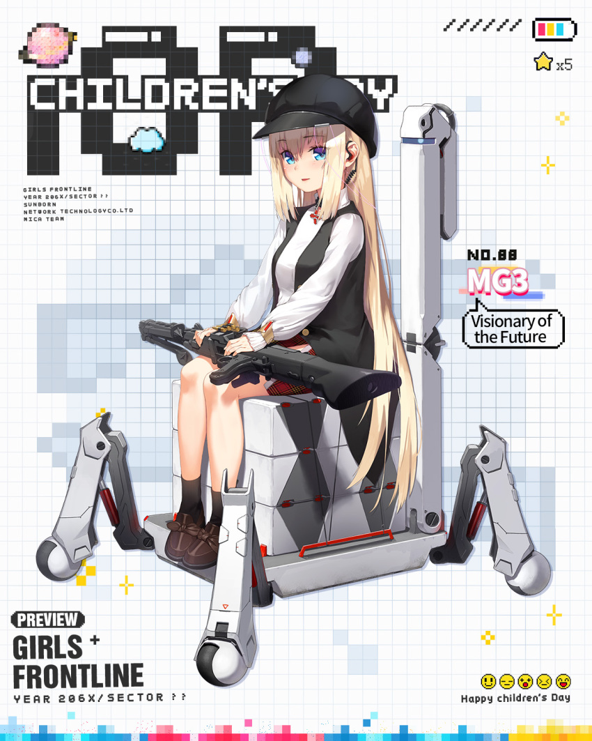 1girl battery_indicator black_headwear black_socks black_vest blonde_hair breasts brown_footwear character_name children's_day commentary company_name container copyright_name earpiece english_commentary full_body girls'_frontline grid_background gun hair_between_eyes hat highres holding holding_gun holding_weapon light_blush long_hair long_sleeves looking_at_viewer machine machine_gun medium_breasts mg3 mg3_(girls'_frontline) mg3_(visionary_of_the_future)_(girls'_frontline) non-humanoid_robot official_alternate_costume official_art parted_lips peaked_cap plaid plaid_skirt planet red_skirt robot second-party_source shirt sidelocks sitting skirt smile socks solo star_(symbol) touko_(kira2yue) very_long_hair vest weapon white_shirt