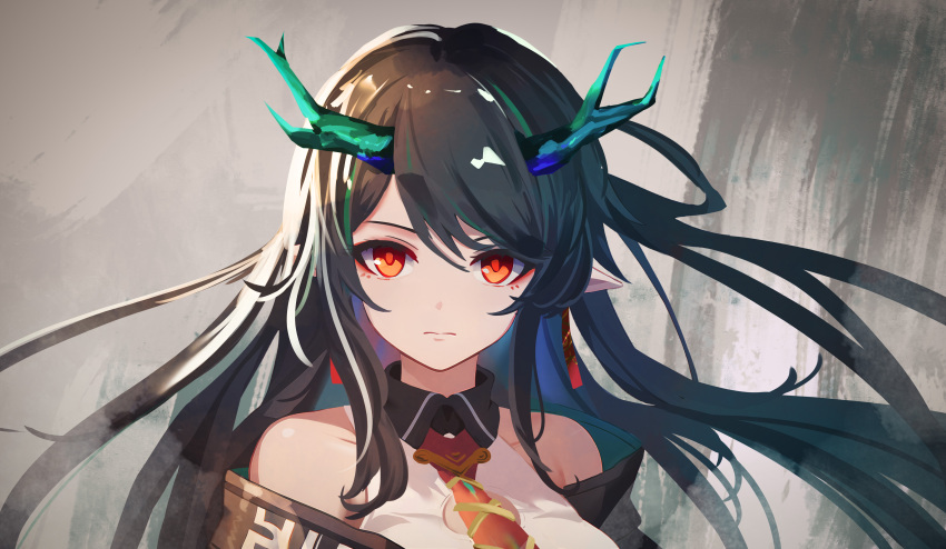 :| absurdres arknights bare_shoulders black_hair closed_mouth daapie dot_nose dragon_girl dragon_horns dusk dusk_(arknights) earrings expressionless green_horns hair_intakes highres horns jewelry long_hair looking_at_viewer necktie off_shoulder pointy_ears red_eyes red_necktie shirt tassel tassel_earrings upper_body white_shirt