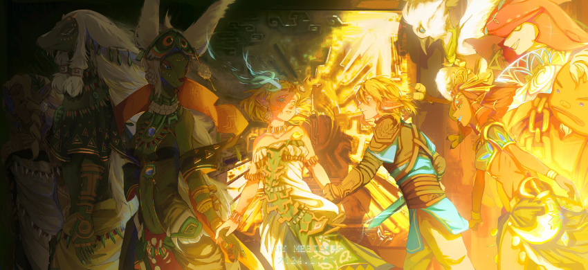 4girls 5boys absurdres beak blonde_hair dark-skinned_female dark_skin dress gerudo glowing_horns goron highres holding_another's_wrist horns light_dragon_(zelda) link looking_at_another merianaka mineru_(zelda) multiple_boys multiple_girls princess_zelda rauru_(tears_of_the_kingdom) red_hair riju rito shade sidon sonia_(zelda) sunlight the_legend_of_zelda the_legend_of_zelda:_tears_of_the_kingdom tiara tulin_(zelda) yunobo zonai zora