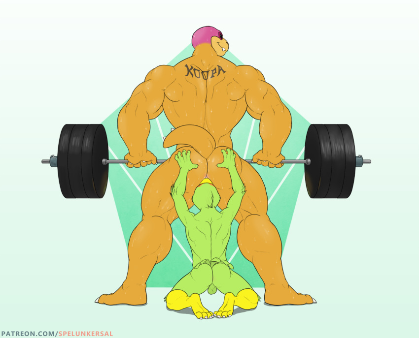 2019 4_toes 5_fingers anal anthro avian back_muscles balls barbell barefoot beak biceps biped bird butt butt_grab claws digital_media_(artwork) duo exercise falcon feathers green_balls green_feathers hand_on_butt interspecies kneeling koopa koopaling larger_anthro larger_male male male/male mario_bros muscular muscular_male nintendo nude oral orange_scales orange_tail plantigrade rear_view rimming roommates_(comic) roy_koopa scales scalie sex simple_background size_difference smaller_anthro smaller_male sparkx spelunker_sal standing sweat tattoo toe_claws toes triceps url video_games weightlifting white_background white_claws workout yellow_beak