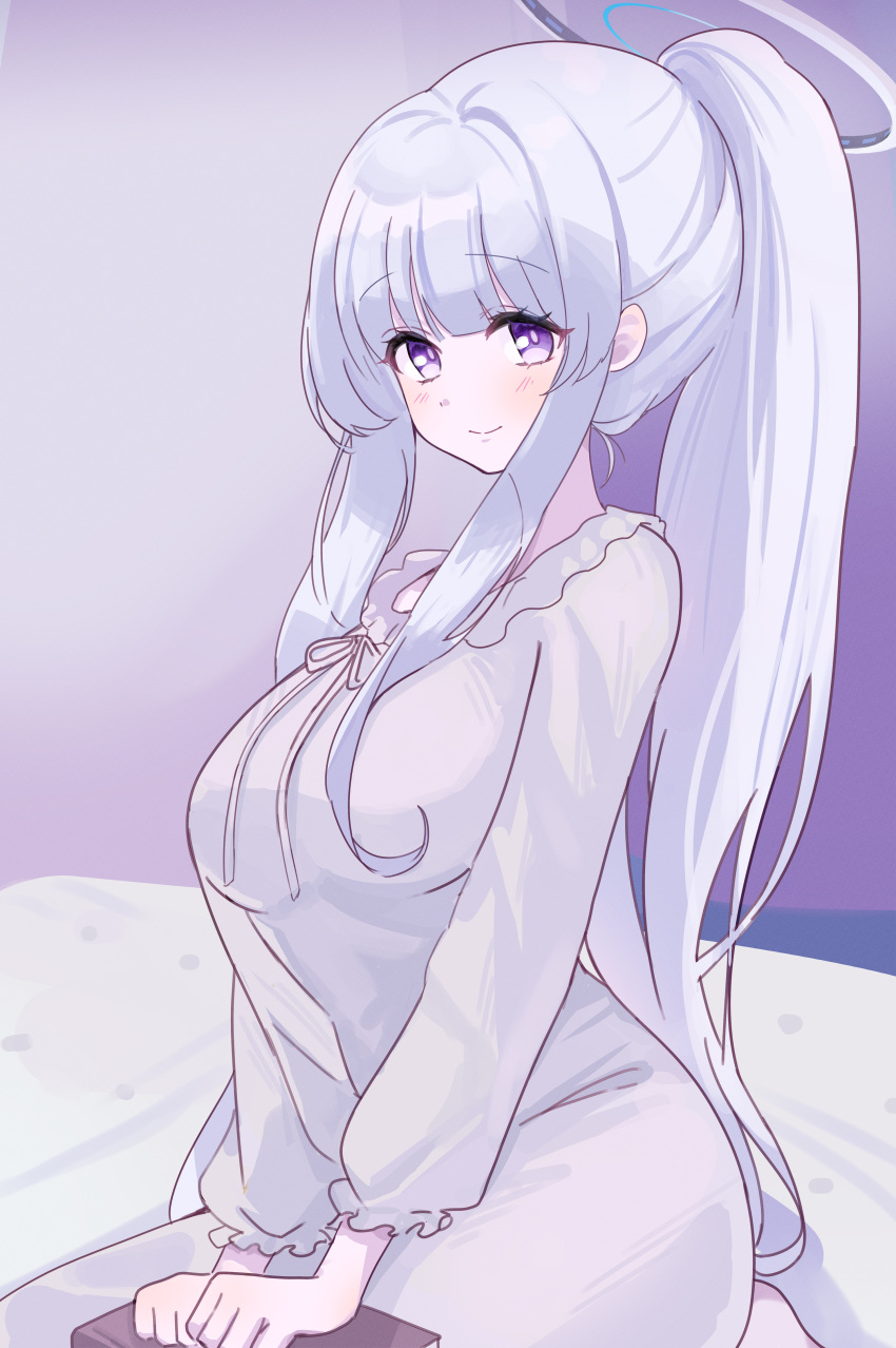 1girl absurdres ash_(cat7evy) blue_archive blush book breasts closed_mouth frilled_sleeves frills grey_hair hair_over_breasts halo highres large_breasts long_hair long_sleeves looking_at_viewer mechanical_halo noa_(blue_archive) pajamas ponytail purple_eyes sidelocks smile solo white_pajamas