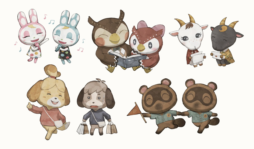 +_+ 4boys 6+girls :d ^_^ animal_crossing arm_up bag beamed_eighth_notes black_dress black_eyes black_hoodie blathers_(animal_crossing) blush blush_stickers book bright_pupils brother_and_sister brothers brown_horns buttons celeste_(animal_crossing) chevre_(animal_crossing) chrissy_(animal_crossing) closed_eyes coat collared_shirt commentary_request digby_(animal_crossing) dog_boy dog_girl dress eighth_note envelope eyelashes flag francine_(animal_crossing) furry furry_female furry_male goat_girl green_shirt handbag highres holding holding_book holding_envelope holding_flag holding_hands holding_microphone holding_paper hood hood_down hood_up hoodie horns isabelle_(animal_crossing) jitome kaji_(oni_atat) leaf_print long_sleeves microphone multiple_boys multiple_girls music musical_note nan_(animal_crossing) open_book open_mouth owl_boy owl_girl paper pennant pointing polka_dot polka_dot_dress print_shirt quarter_note rabbit_girl raccoon_boy reading red_coat red_hoodie shirt shopping_bag short_sleeves siblings simple_background singing sisters sleeveless sleeveless_dress smile sweat teeth timmy_(animal_crossing) tommy_(animal_crossing) topknot twins upper_teeth_only white_background white_bag white_dress white_pupils yellow_dress