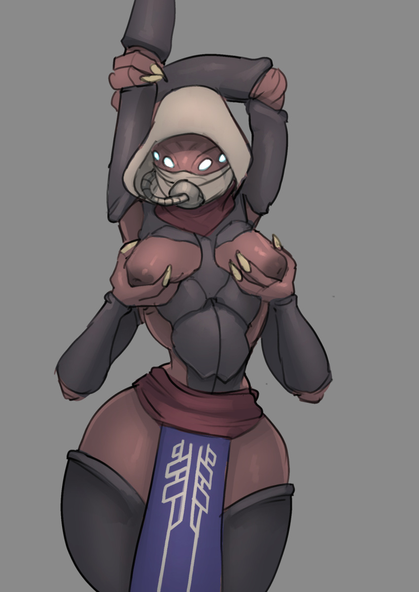 2023 4_arms 4_eyes alien anthro arthropod bottomwear breasts claws clothed clothing destiny_(video_game) eido eliksni female front_view grey_background hi_res holding_arm holding_breast hood loincloth multi_arm multi_eye multi_limb portrait raised_arm simple_background solo thechurroman three-quarter_portrait topless topless_female