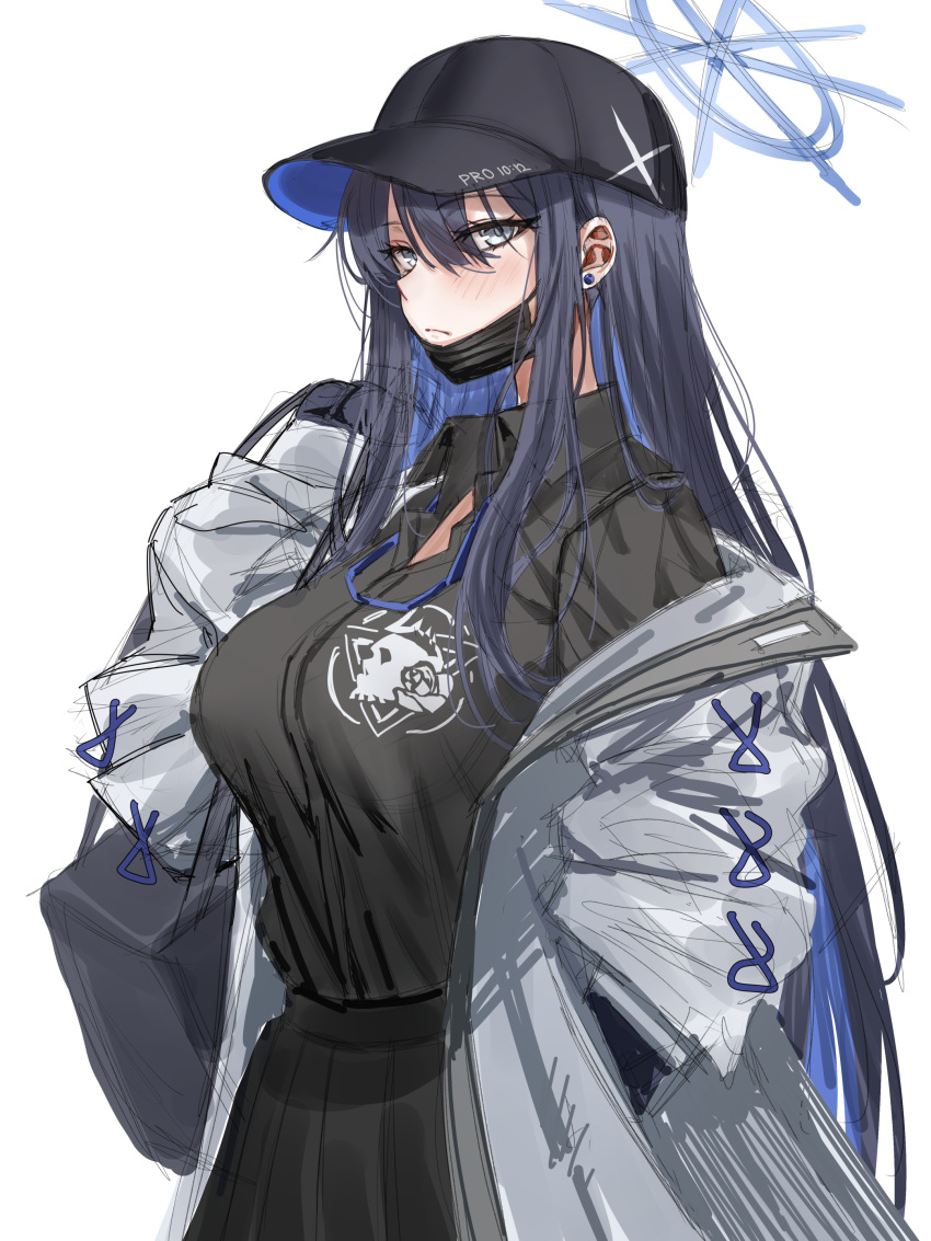 1girl absurdres alternate_costume baseball_cap black_gloves black_hair black_shirt black_skirt blue_archive blue_hair blue_halo blush colored_inner_hair ear_piercing gloves grey_eyes halo hand_in_pocket hat highres jacket long_hair long_sleeves looking_at_viewer mask mouth_mask multicolored_hair nompang piercing saori_(blue_archive) shirt shirt_tucked_in simple_background skirt solo white_background