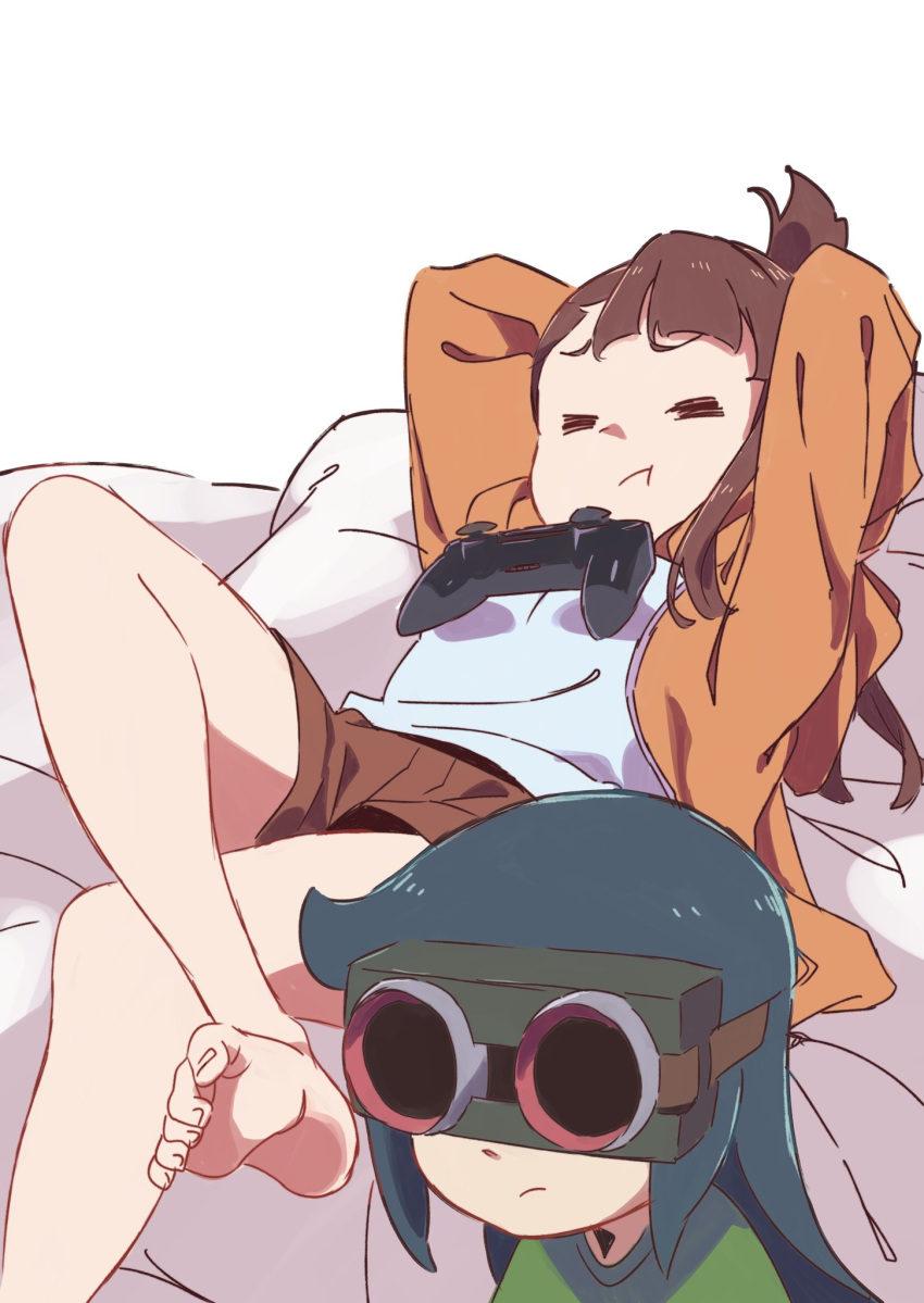 =_= barefoot blue_hair brown_hair brown_shorts closed_eyes closed_mouth commentary_request constanze_amalie_von_braunschbank-albrechtsberger controller crossed_legs dualshock feet game_controller gamepad goggles highres jacket kagari_atsuko little_witch_academia long_sleeves multiple_girls open_clothes open_jacket orange_jacket reclining shirt shorts simple_background sitting soles tama_(tama-s) topknot white_background white_shirt