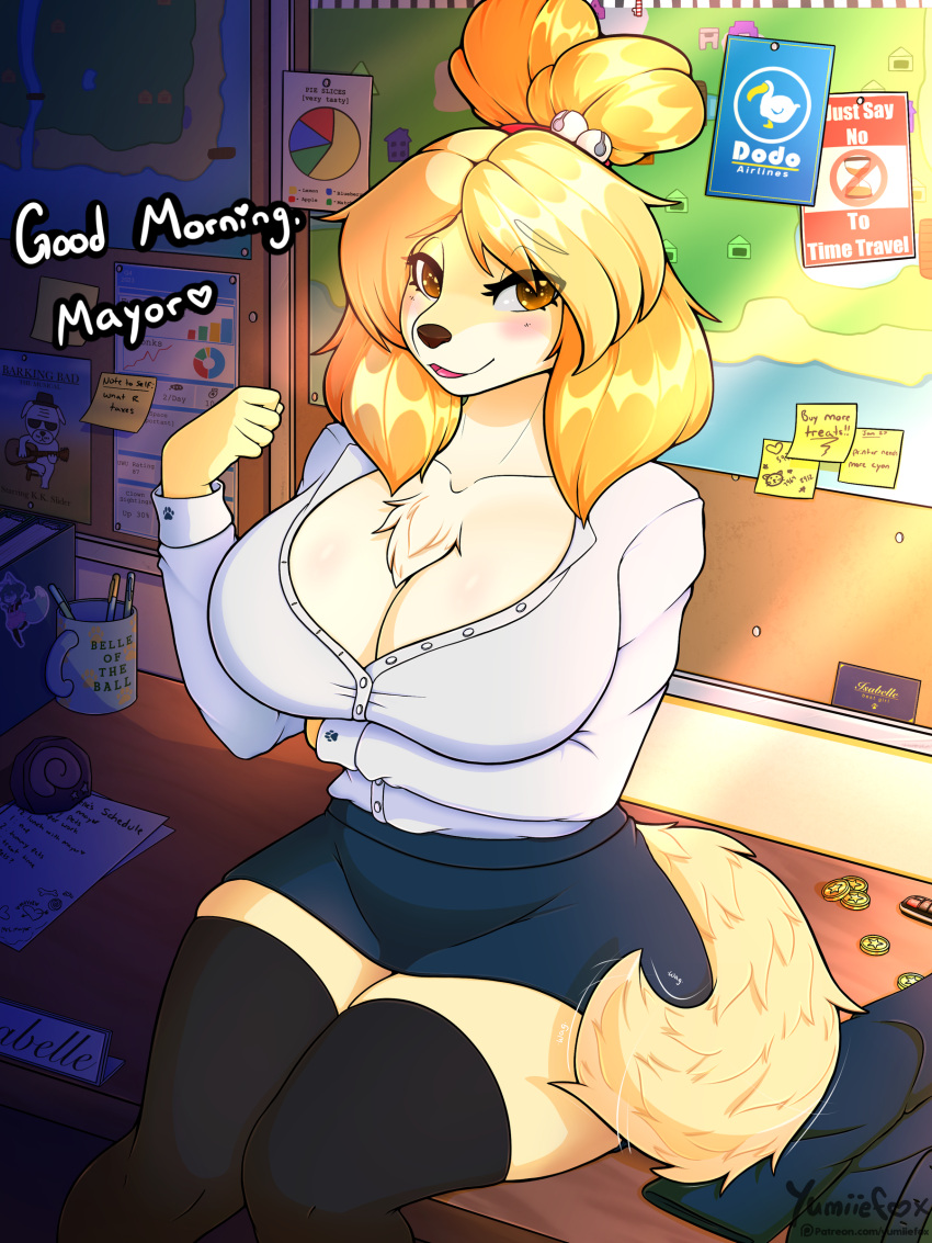 absurd_res animal_crossing anthro blonde_hair blush blush_lines breasts canid canine canis cleavage clothed clothing domestic_dog female flirting fur hair hi_res isabelle_(animal_crossing) legwear looking_at_viewer mammal nintendo office office_clothing office_lady secretary smile smiling_at_viewer solo tail tail_motion tailwag thigh_highs yellow_body yellow_fur yumiiefox